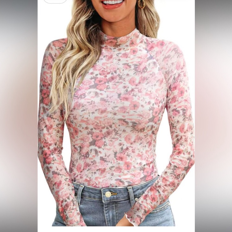 Mesh High Neck Floral Slim Fit Long Sleeve Top